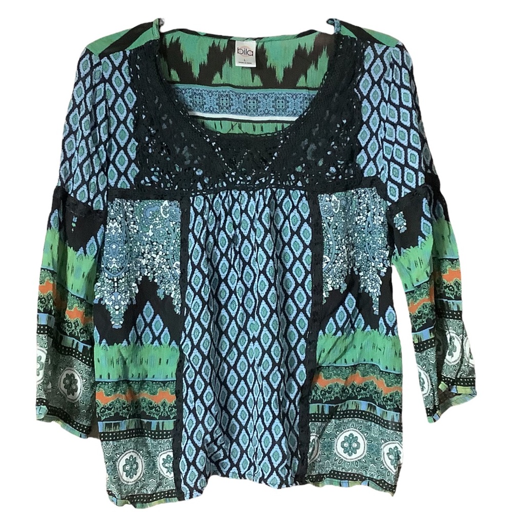 Blue GreenTeal bila Semi Sheer 3/4 Sleeve Boho Flowey Peasant Top Blouse